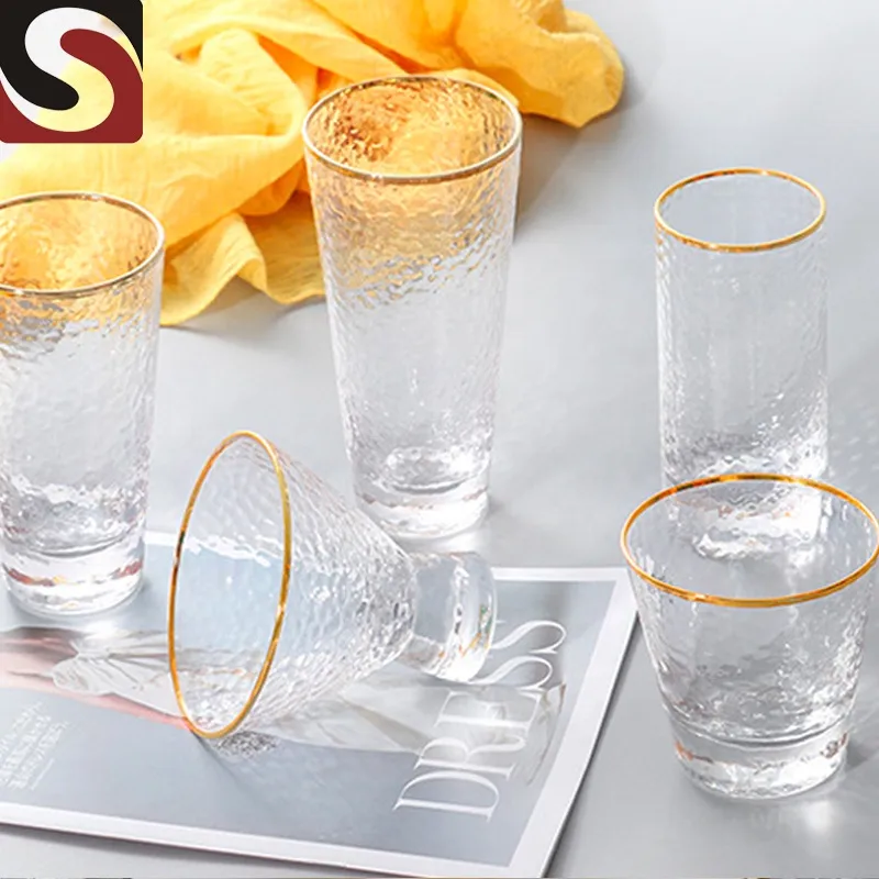 Tasse en verre d'eau à bords dorés, motif marteau, pour boire des fruits et des bonbons, verre créatif