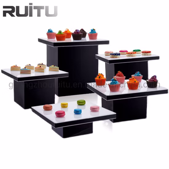 Présentoirs de buffet d'hôtel 3 niveaux décoratifs présentoir de cupcakes sucrés carré fête de mariage tube acrylique plaques blanches support de gâteau de buffet en acier inoxydable